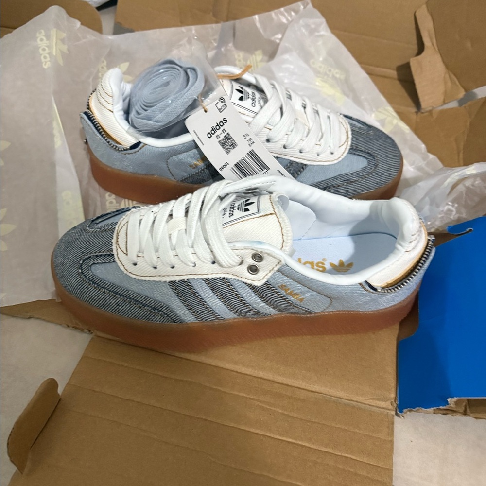 Adidas Denim Sambas and White Gum Sole Sneakers